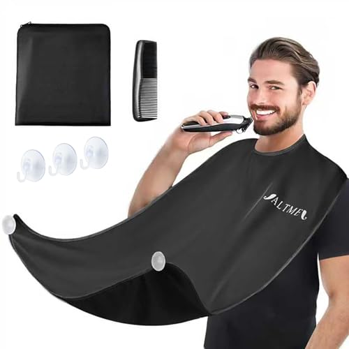 Beard Catcher Bib and Apron for Shaving with Suction Cups and Comb
