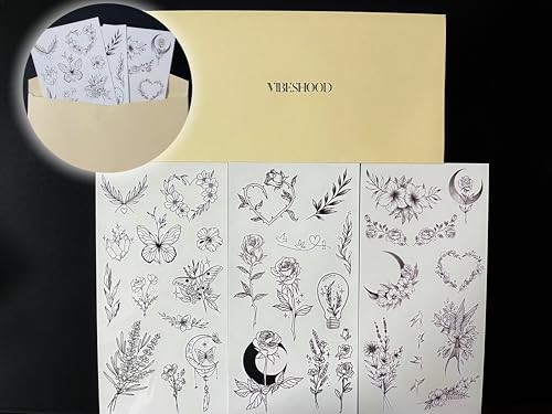 VibesHood Large Temporary Tattoos - Waterproof Flower, Heart & Moon Designs