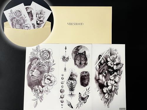 VibesHood Large Temporary Tattoos - Lion and Wolf Waterproof Ink Sheets