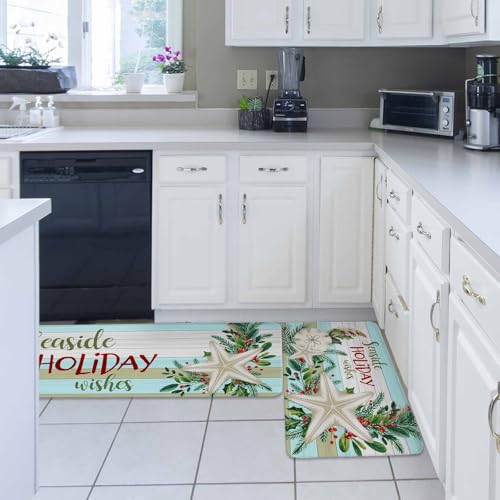 Christmas Coastal Kitchen Rugs 2-Piece Set Non-Slip Absorbent Mats - 16x24 & 16x47 Variation of THIS listing