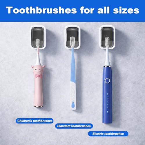Grey and White Wall-Mounted Toothbrush Holder with Toothpaste Squeezer & Cover - Self-Adhesive Bathroom Organizer, 2 Slots, Family Use