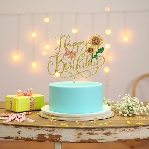 Gold Glitter Sunflower Cake Topper for Birthdays & Baby Showers