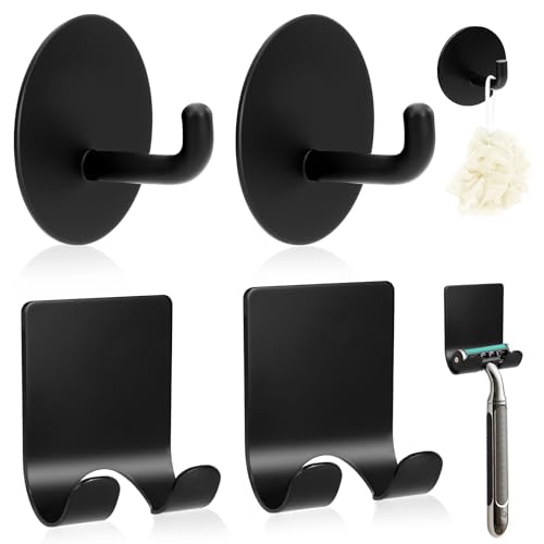 NEATABY Black 4-Pack Bathroom Adhesive Hooks - Stainless Steel Shower & Razor Holders, Removable & Drill-Free