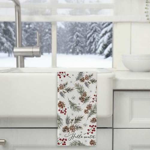 Hello Winter Pine Cone Needle Kitchen Dish Towel - Red Berry Pine - Rustic Farmhouse Decor