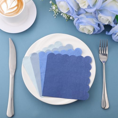 120 Pack Dusty Blue Scalloped Cocktail Napkins, 5-Inch Disposable Paper