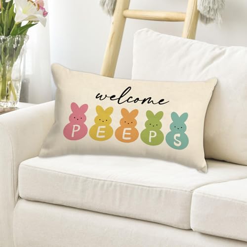 Easter Bunny Welcome Peeps Linen Throw Pillow Cover - 16x24 Inch