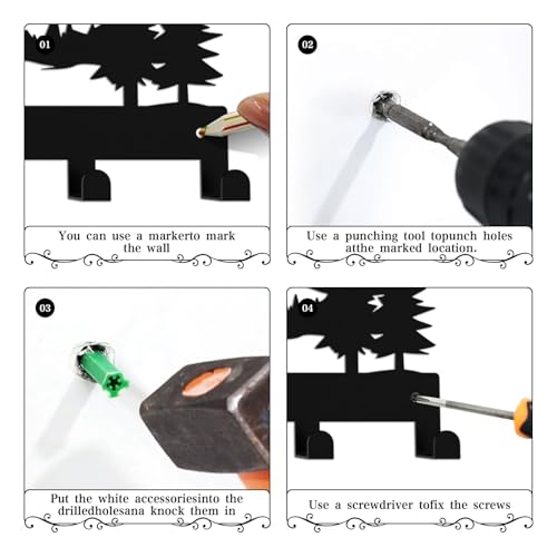 Hounahha 12-Inch Wall Mounted Key Holder with 7 Hooks, Mountain & Grove Design, Black Metal Storage Rack for Home & Office
