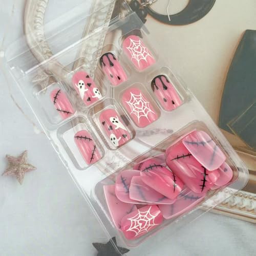 Sutaozhi 24Pcs Pink Halloween Ghost Press On Nails Medium Square False Nails