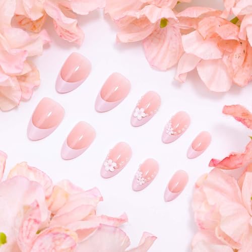 Short Almond Press on Nails 3D Floral French Tip with Pearl Design