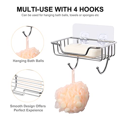 Uten 1 Pack Stainless Steel Shower Soap Holder with Hooks, No-Drill Wall Mount, Silver