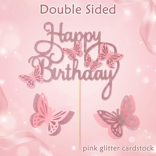 3D Pink Butterfly Cake Toppers Set with Happy Birthday Sign, 26Pcs