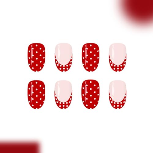 Red French Tip Press on Nails Short Oval Fake Nails with White Polka Dots