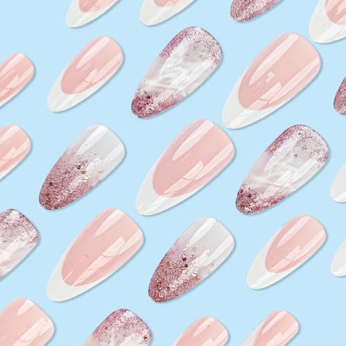 French Tip Press on Nails Medium Square Sparkly Starry Sky Design