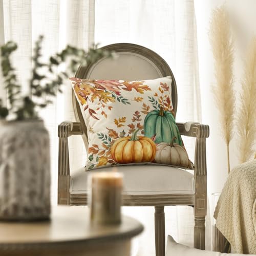 Fall Pumpkin & Maple Leaf Pillow Covers 18x18 Inch Set of 2 - Seasonal Thanksgiving Decor