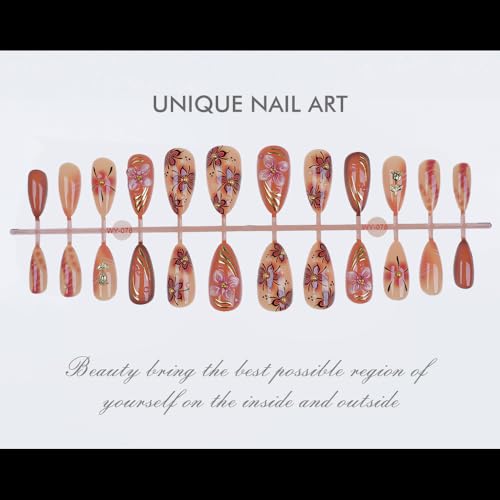 TEEKME Almond Press On Nails - Cozy Marbled Nude Pink & Caramel Floral Fake Nails