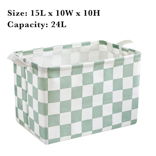 Sage Green Checkered Canvas Storage Basket - 15" x 10" x 10"
