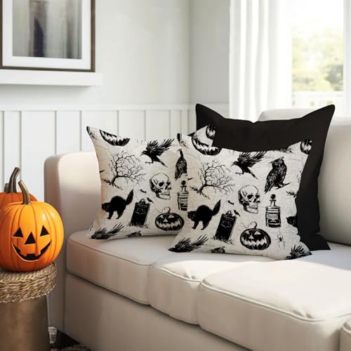 AOFANGGO Halloween Pillow Covers 18x18 Set of 2 Spooky Pumpkin Skull Black Cat Decor