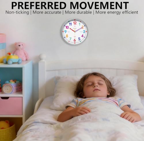 Silver 8-Inch Silent Learning Classroom Wall Clock for Kids - Educational Teacher Clock