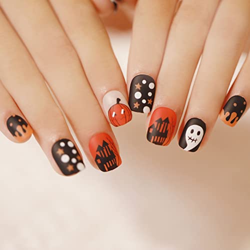 Acenail Matte Orange & Black Skull Press on Nails Halloween Acrylic False Nails 24Pcs