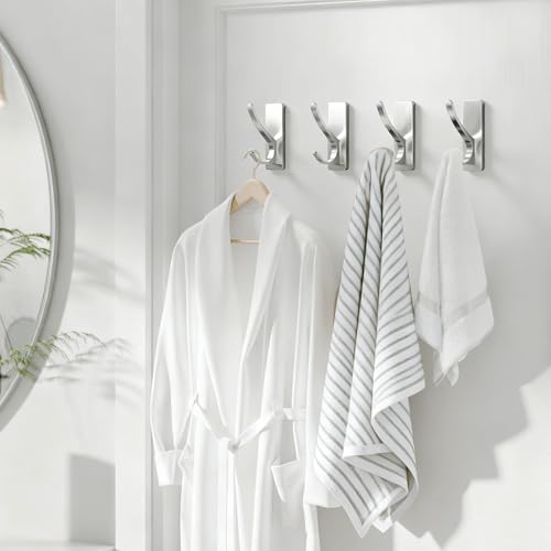 pickpiff Brushed Nickel Self-Adhesive Hooks 4 Pack, 13LB Heavy Duty Wall Hangers for Coat Towel Keys