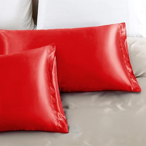 Red Satin Pillowcases for Hair - Set of 2, 20x26 Inches, Standard Size