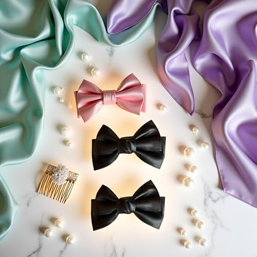 Black PU Leather Bow Hair Clip Set - 2 Pcs Korean Style Duckbill Barrette