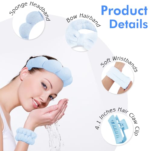Zkptops 5Pcs Bubble Spa Headband and Wristband Set for Washing Face Blue