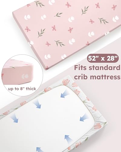 Nyessmee Fitted Crib Sheets for Baby, 2-Pack Pink Tulips, 52" x 28"
