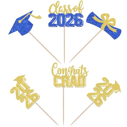 30 PCS Graduation Cupcake Toppers - Class of 2026 Glitter Picks