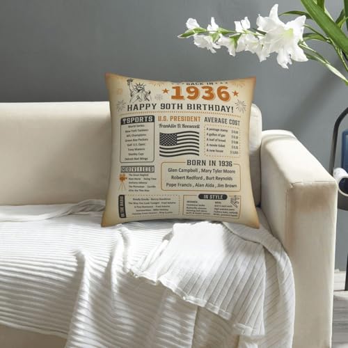 90th Birthday Gift Pillow Cover, 18"x18" Vintage 1936 Keepsake Cushion Case