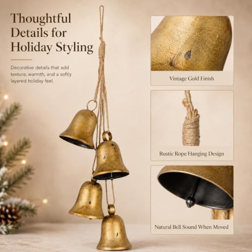 Vintage Gold Christmas Bell Cascade with Rustic Rope - Brass Variation