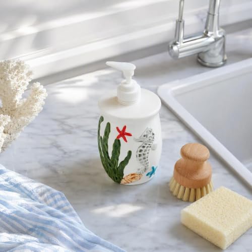 Ocean Ceramic Soap Dispenser - 3D Embossed Seahorse & Starfish