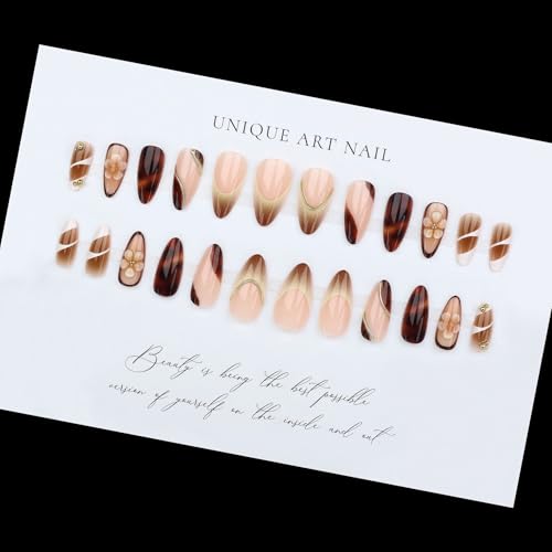 Long Almond Press on Nails Luxury False Nails with Floral Design & Gold Accents 24pcs