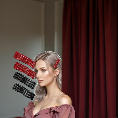 Black and Red Rhinestone Snap Hair Clips 4-Piece Crystal Barrettes