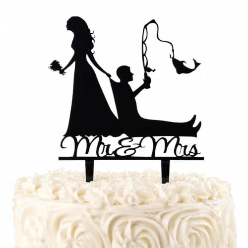 Mr and Mrs Fishing Couple Cake Topper - Black Glitter Decor