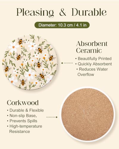 Oqplog Beige Bee Flowers Ceramic Absorbent Coasters - Set of 2