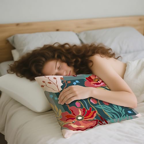 Poppy Floral Pillow Cover Red 18x18 - Bohemian Modern Art Style