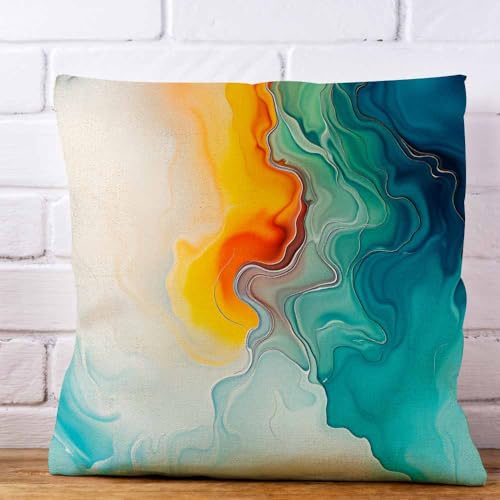 LAVVIEGO Multi-003 18x18 Abstract Marble Pillow Cover Teal Blue Orange Green Linen Blend