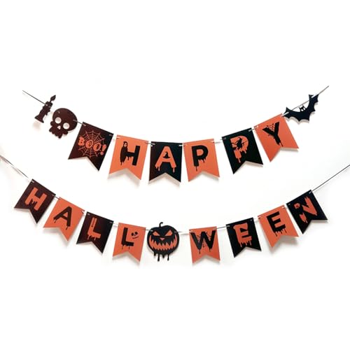 Happy Halloween Banner with Skulls & Bats - Indoor/Outdoor Decor