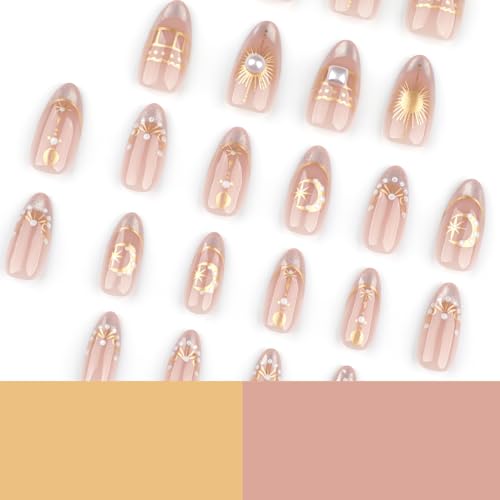Gold Star Moon Press on Nails Short Almond False Nails 24Pcs