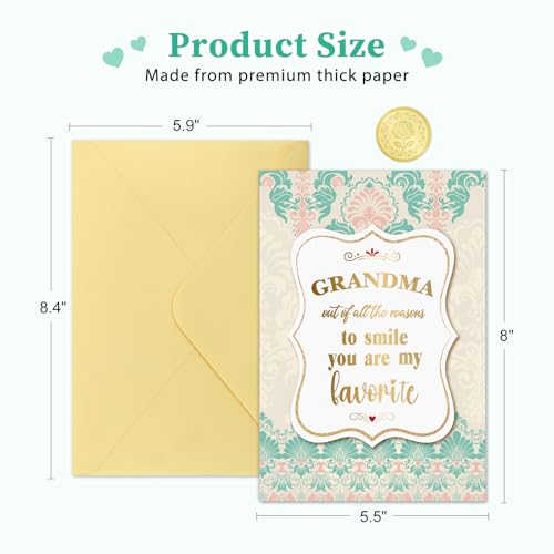 Vintage Mother's Day Card for Grandma – Teal & Gold Design, 5.5x8 Inch