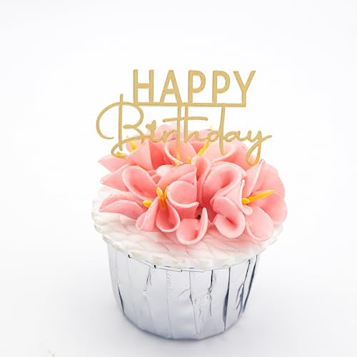 Gold Mirror Acrylic Happy Birthday Cupcake Toppers - 12 Pack, 2.63 x 1.57 in