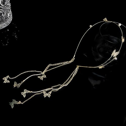 AHONEY Gold Butterfly Rhinestone Headband with Long Tassels Crystal Headpiece