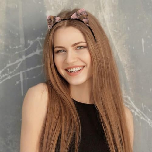 AMCAMI Cheetah Print Ears Headband Soft Fuzzy Animal Cat Headpiece