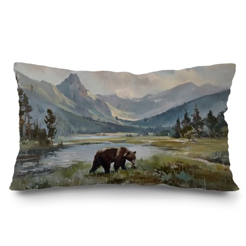 AJIPUX Rustic Bear Log Cabin Throw Pillow Cover 20x12 Inches for Couch Sofa Bed