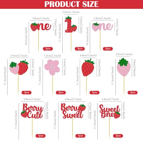 Sweetheart Strawberry Cupcake Toppers - 30 Pcs Birthday Decorations