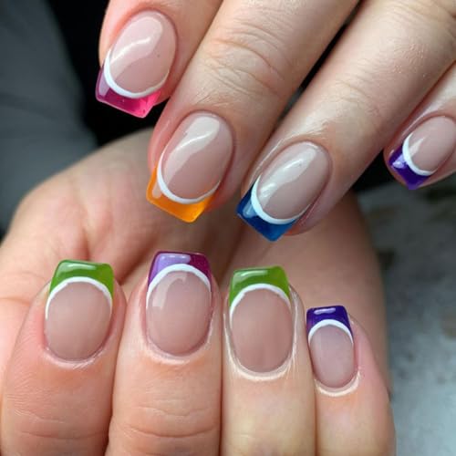 French Tip Press on Nails Medium Square Glossy Nude Pink False Nails Kit