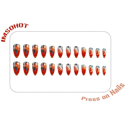 IMSOHOT Medium Almond Press on Nails Red Orange Flower Glossy Acrylic Fake Nails