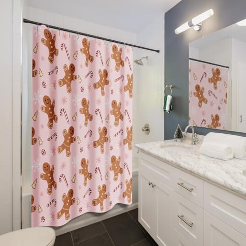 Pink Gingerbread Man Christmas Shower Curtain Set with Hooks