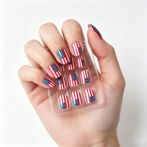 HZJXRT 4th of July Short Square Press on Nails - 24 Pcs Acrylic USA Flag Fake Nails with Glossy Finish